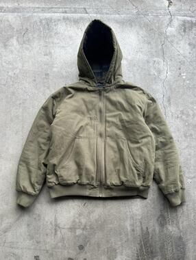 Woolrich Green Label Duck Canvas Hooded Work Jacket Plaid Lined Men’s M Olive